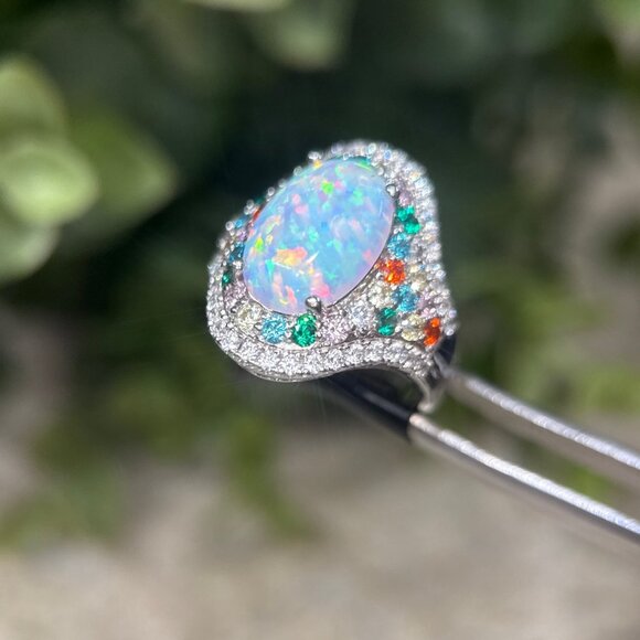 Stunning 925 Silver Opal/Multicolor Stones Ring - Picture 6 of 12
